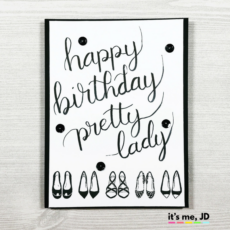 hand lettered happy birthday black white shoes card