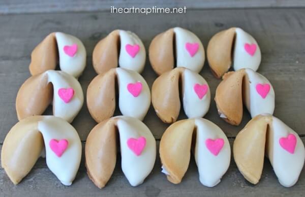 These white chocolate dipped fortune cookies are easy to make and very inexpensive. 